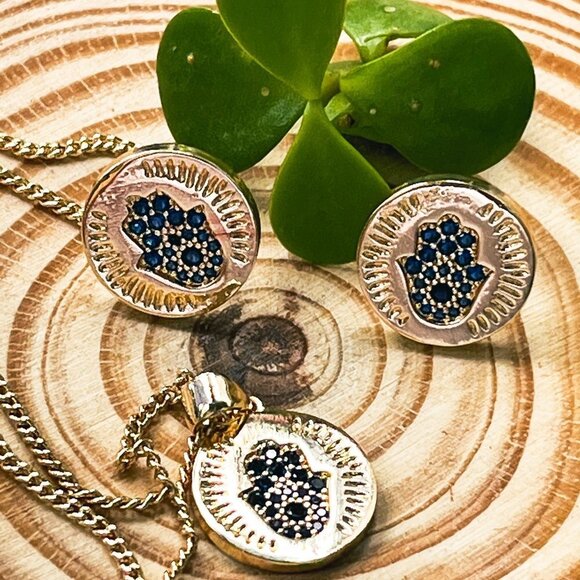 NWOT Hamsa Hand, Evil Eye Earring and Necklace with Charm set, Gold Filled 18" - Picture 6 of 14